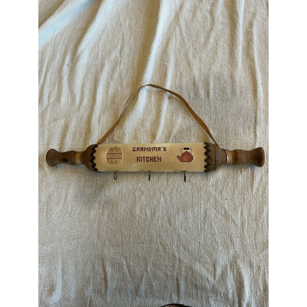 Vintage Cross Stitch Decorated Rolling Pin Cup Holder "Grandma's Kitchen" Rustic